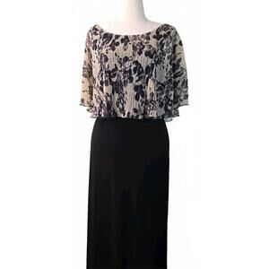 Connected Apparel Maxi Dress Micro Pleat Top Scoop Neck Gown Black Evening Sz 12